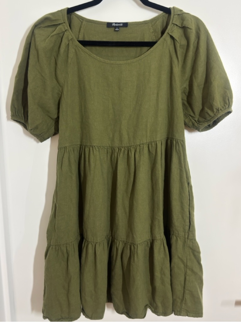 Madewell Olive Tiered Puff Sleeve Dress